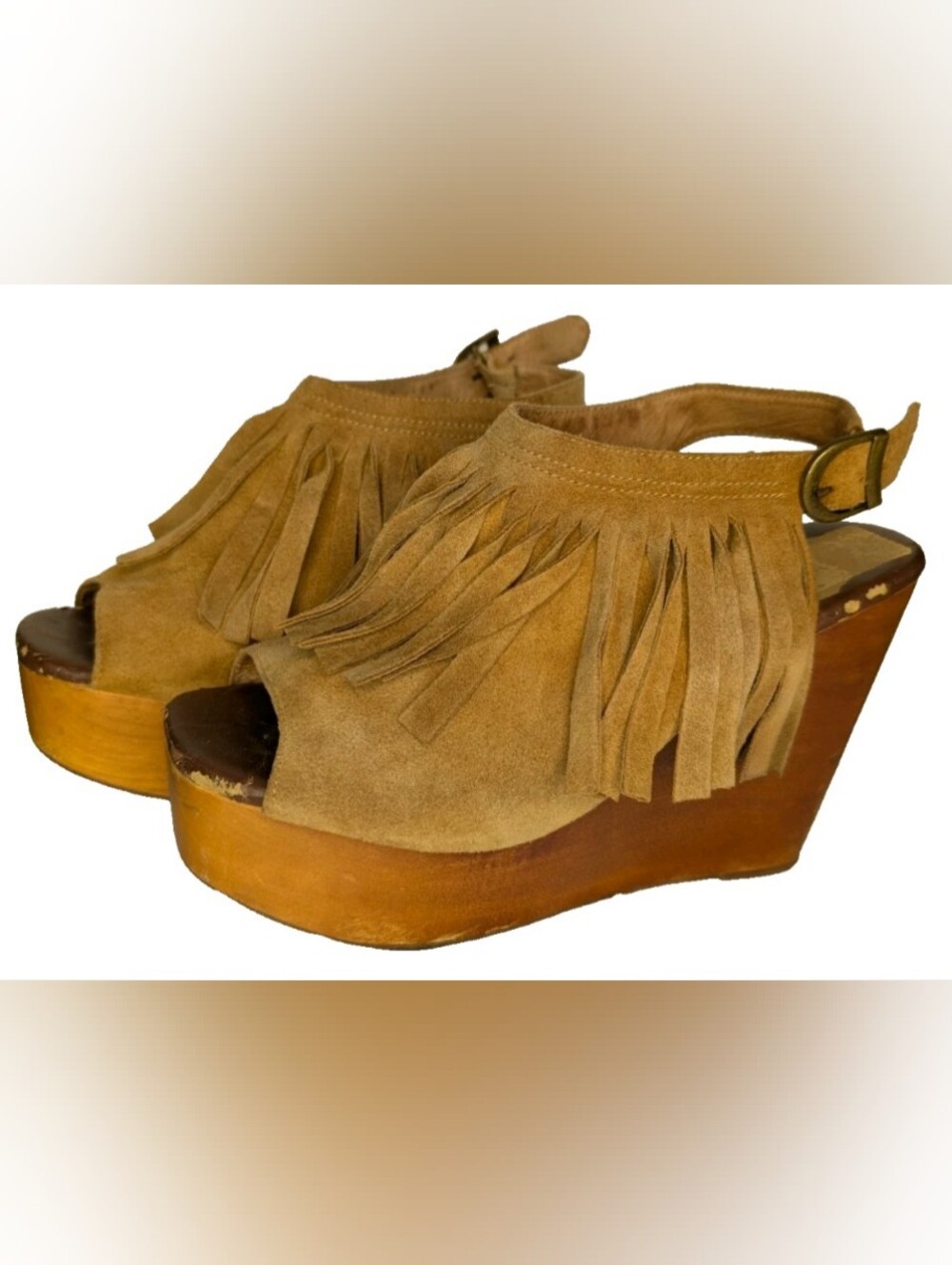 Jeffrey Campbell Havana Fringe Wedges Tan Suede Wood Platform Peep Toe Size 10